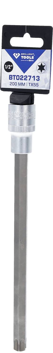 Długi srebrny wiertarz z sześciokątnym uchwytem w niebieskim uchwycie kartonowym.