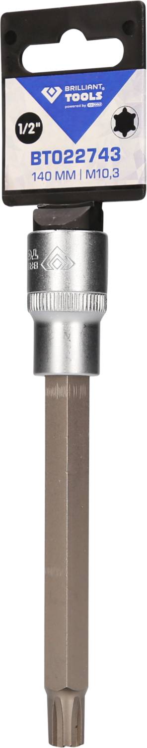 Bit Torx firmy Brilliant Tools BT022743, długość 140 mm, przyłącze 1/2 cala, rozmiar M10, szaro-srebrny, pakowany w prostokątne opakowanie z logo na górze.