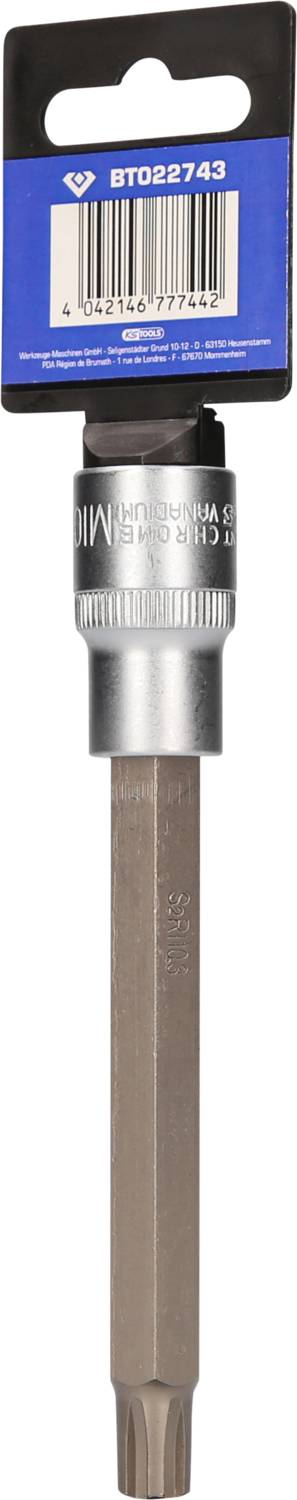 Bit Torx w kolorze srebrnym i szarym, numer produktu BT022743. Zapakowany w niebieskim uchwycie z kodem kreskowym na górze.