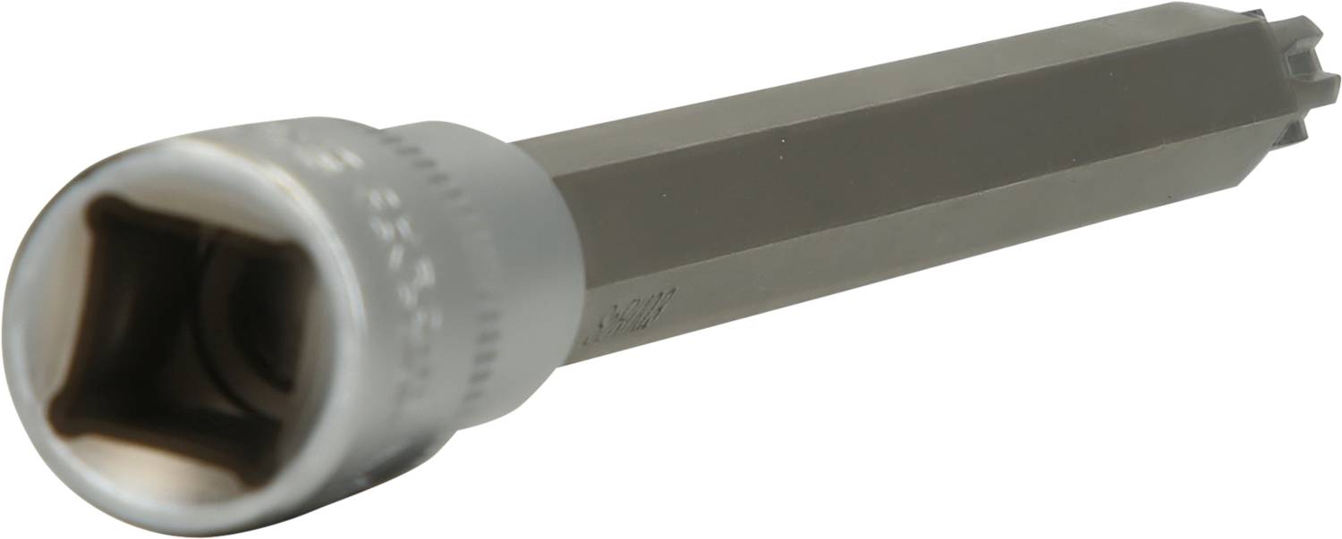 Srebrny klucz nasadowy o gwiaździstym zakończeniu przeznaczony do specjalnych śrub, umieszczony na białym tle.