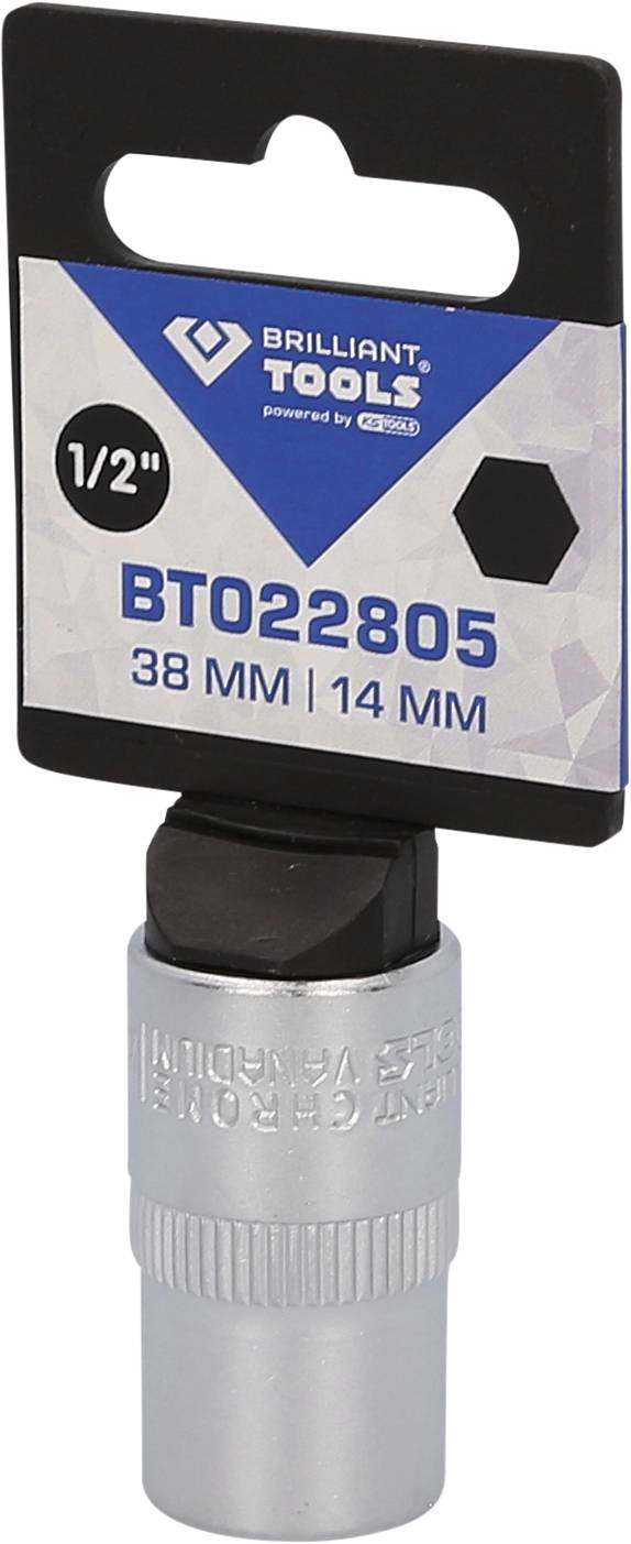 Nasadka sześciokątna z zawieszką marki Brilliant Tools, rozmiar '1/2', 38 mm, 14 mm, kolor srebrny.