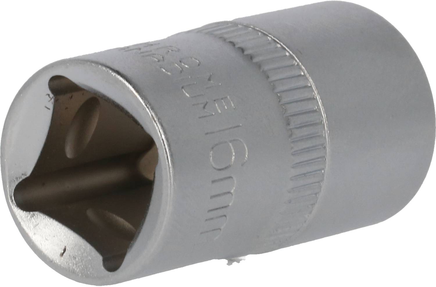 Metalowa nasadka sześciokątna 16 mm, odpowiednia do klucza zapadkowego.