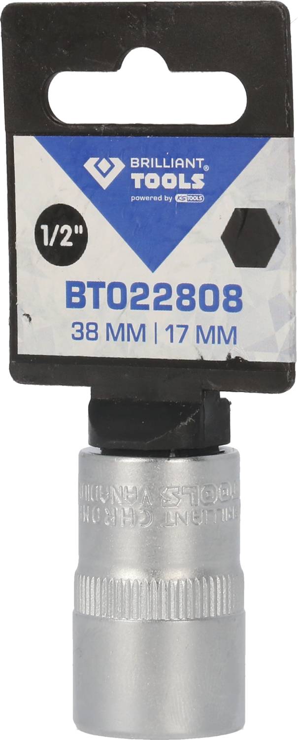 "Srebrny nasadowy klucz nasadowy Brilliant Tools, rozmiar 1/2", 17 mm, długość 38 mm, oznaczony kodem produktu BT022808."