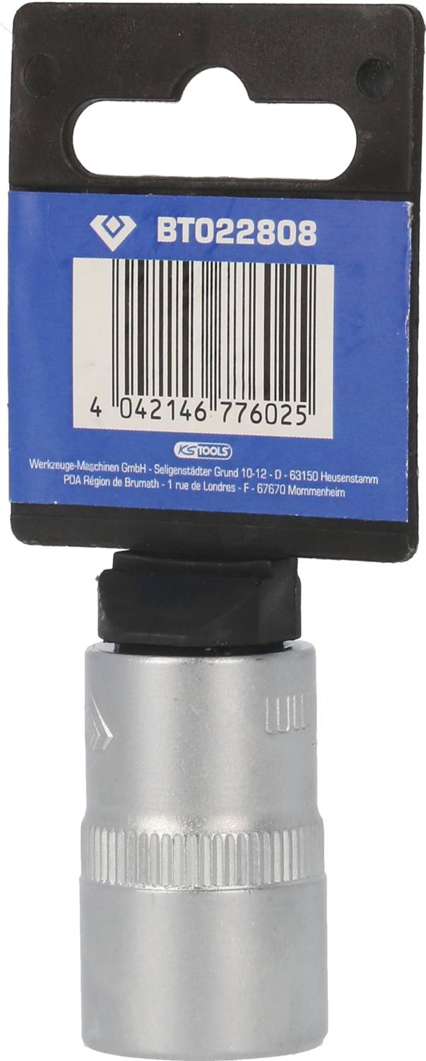 "Srebrny bit klucza sześciokątnego w opakowaniu z niebieską kartą katalogową, kodem kreskowym i napisem "BT022808"."