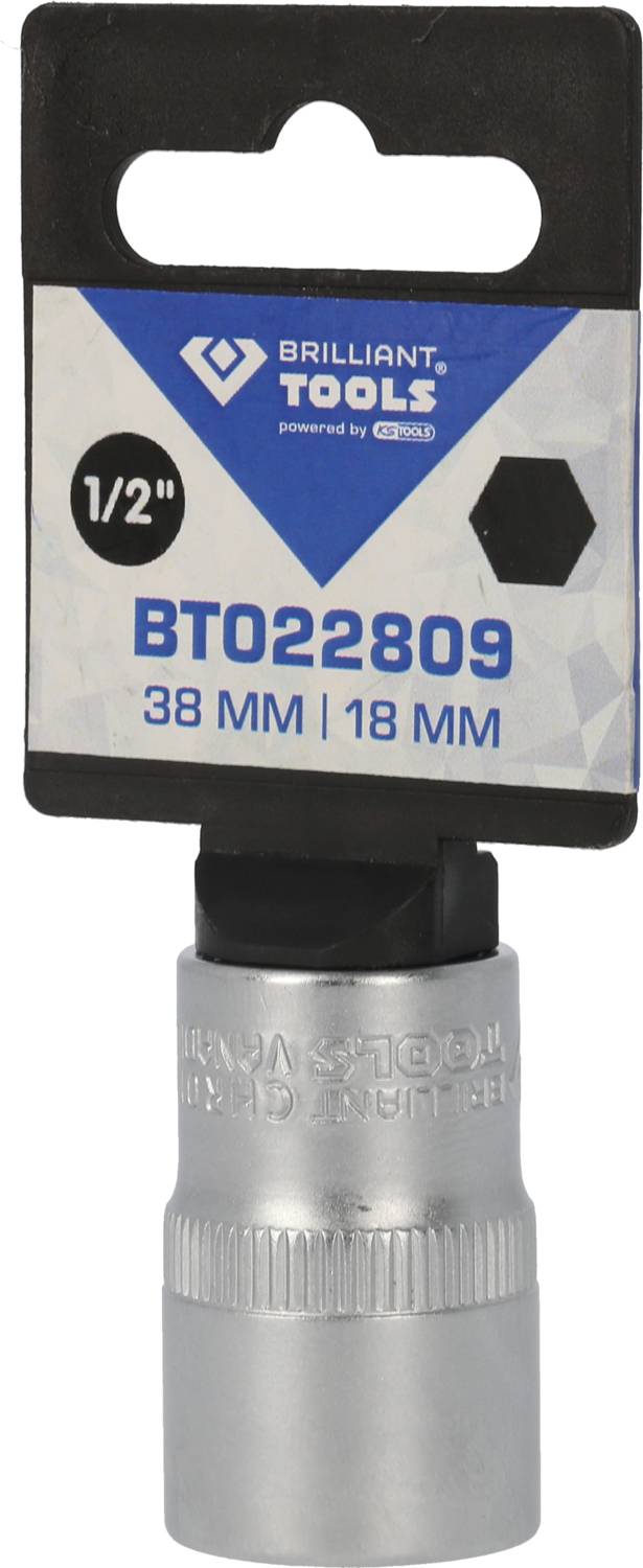 Klucz nasadowy 'Brilliant Tools', napęd 1/2 cala, model 'BT022809', rozmiar 38 mm/18 mm, sześciokątny, w opakowaniu.
