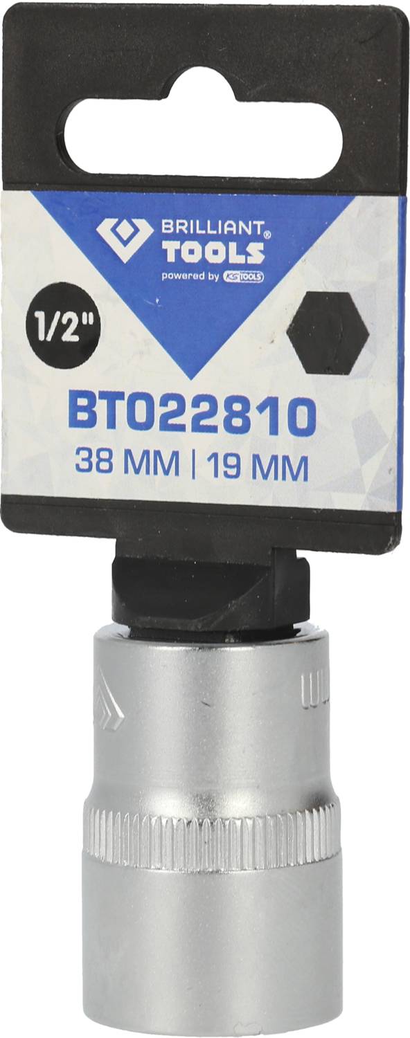 Nasadka 'Brilliant Tools' do napędu 1/2 cala, rozmiar 38 MM i 19 MM, sześciokątna, z etykietą i niebieskim elementem dekoracyjnym.