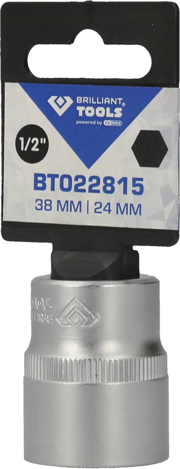 'Srebrny złącznik z etykietą opakowania: Brilliant Tools, 1/2", Model BT022815, rozmiary: 38 mm i 24 mm.'
