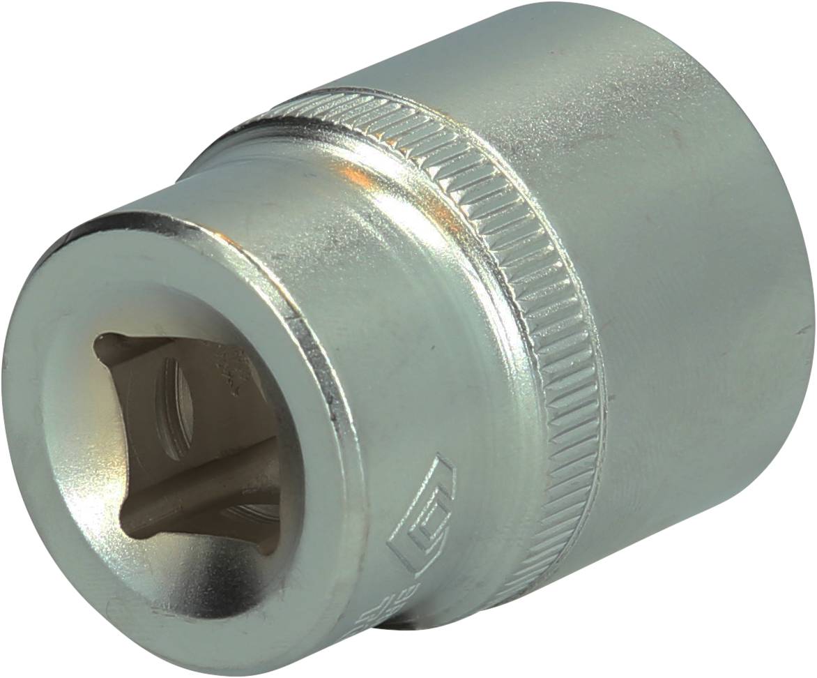 Srebrny, sześciokątny nasadowy klucz metalowy, dopasowany do grzechotki, na białym tle.