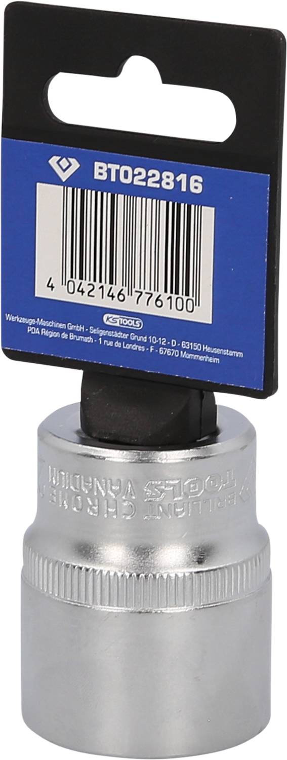 Klucz nasadowy z etykietą 'BT022816' na niebieskim tle, widoczny kod kreskowy. Nazwa marki wygrawerowana. Odpowiedni do użytku w narzędziach.