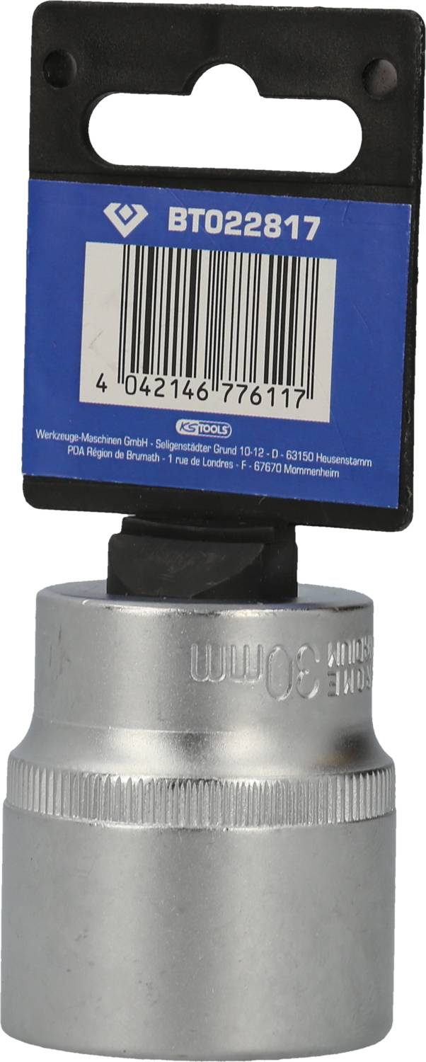 Metalowa nasadka klucza o średnicy 30 mm, zamocowana w uchwycie do prezentacji sklepowej.