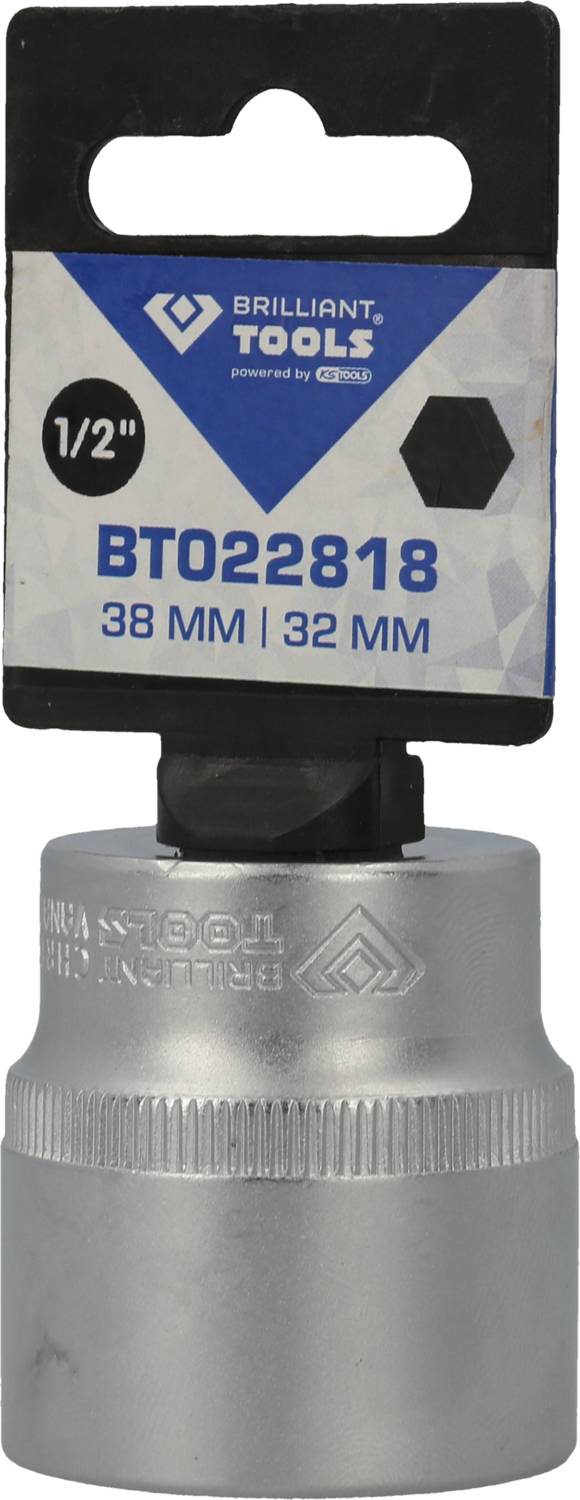 Klucz nasadowy 1/2", BT022818, 38 mm / 32 mm na srebrnym metalowym uchwycie, opakowanie firmy Brilliant Tools z niebieską etykietą.