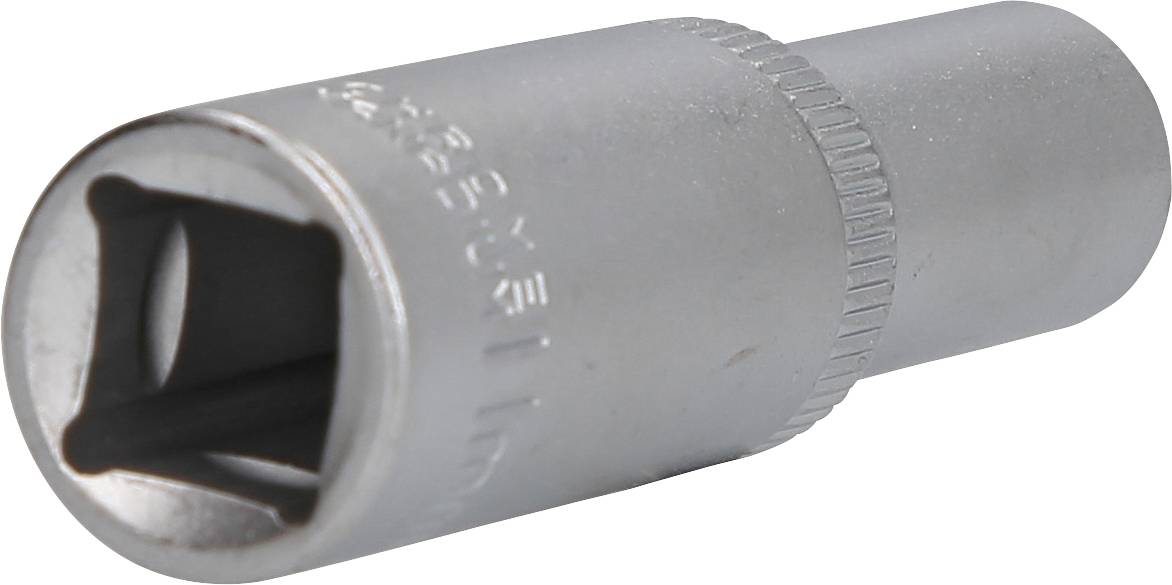 Nasadka klucza z metalu w kształcie cylindra z kwadratowym otworem, przeznaczona do użycia z zestawem kluczy nasadowych.