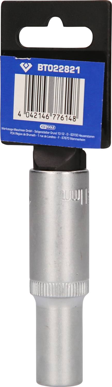 'Srebrzysta przedłużka do grzechotki lub klucza, stojąca pionowo, z czarną i niebieską etykietą na górze.'