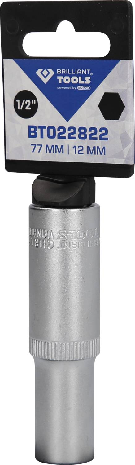 Nasadka 12 mm, długość 77 mm, firmy Brilliant Tools, z napędem sześciokątnym, 1/2 cala, w kolorze srebrnym. Opakowanie prezentuje szczegóły produktu.
