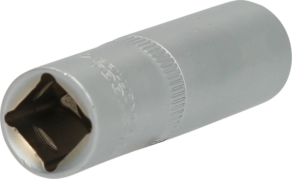 Sześciokątny klucz nasadowy srebrnego koloru z kwadratowym otworem, przeznaczony do użycia z kluczem dynamometrycznym lub grzechotką.