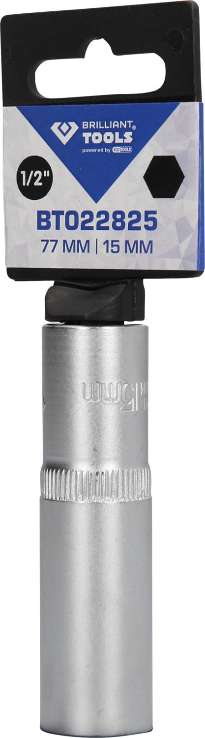 Srebrny klucz nasadowy firmy Brilliant Tools, rozmiar 1/2", numer modelu BT022825, o długości 77 mm i napędzie 15 mm.