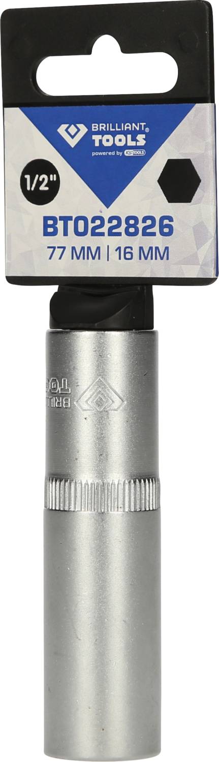 Srebrny klucz nasadowy, 16 mm, długość 77 mm, marka Brilliant Tools, z napędem 1/2", numer produktu BT022826.
