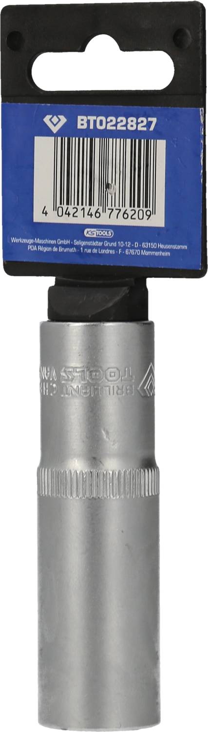 Srebrny klucz do świec zapłonowych z niebieską etykietą i kodem kreskowym, numer artykułu 'BT022827'. Narzędzie do konserwacji pojazdów.