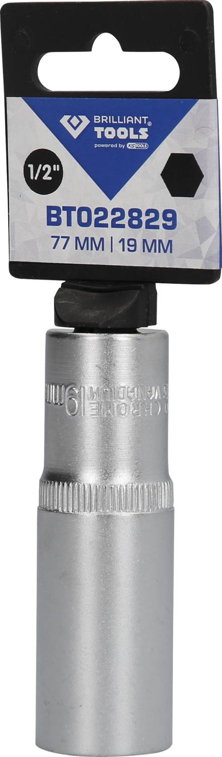 Srebrna nasadka sześciokątna 19 mm z napisem '1/2"' i 'BT022829', na opakowaniu widnieje napis 'Brilliant Tools'.