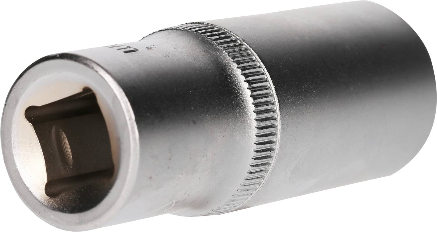 Srebrny metalowy klucz nasadowy o cylindrycznym kształcie z żebrowaną krawędzią dla lepszego chwytu.