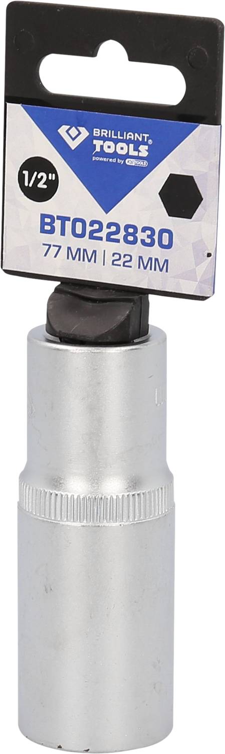 Specjalistyczny klucz nasadowy metalowy o rozmiarze 22 mm, długości 77 mm, z gniazdem 1/2 cala. Etykieta opakowania firmy 'Brilliant Tools'.