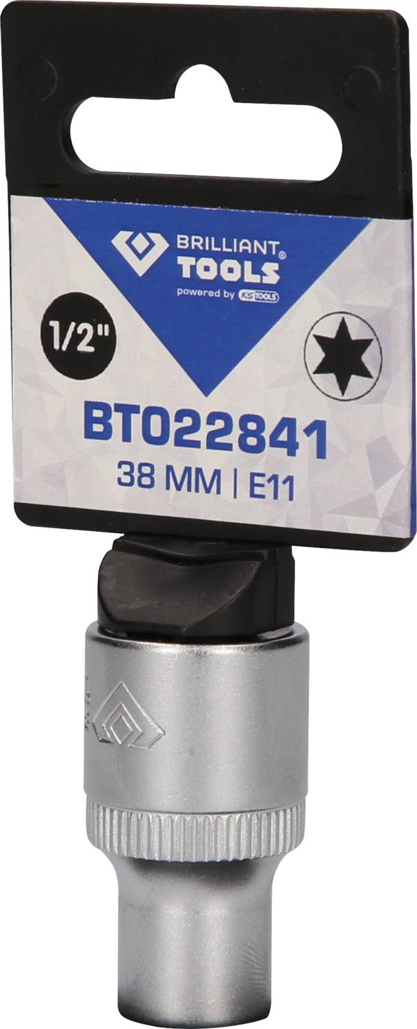 Nasadka klucza z profilem E11, napęd 1/2 cala, długość 38 mm, marka Brilliant Tools, prezentowana na opakowaniu.