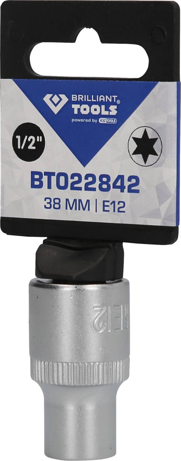Nasadka 1/2 cala firmy Brilliant Tools, BT022842, 38 mm, E12 na opakowaniu. Srebrna nasadka z ciemnym uchwytem z tworzywa sztucznego.