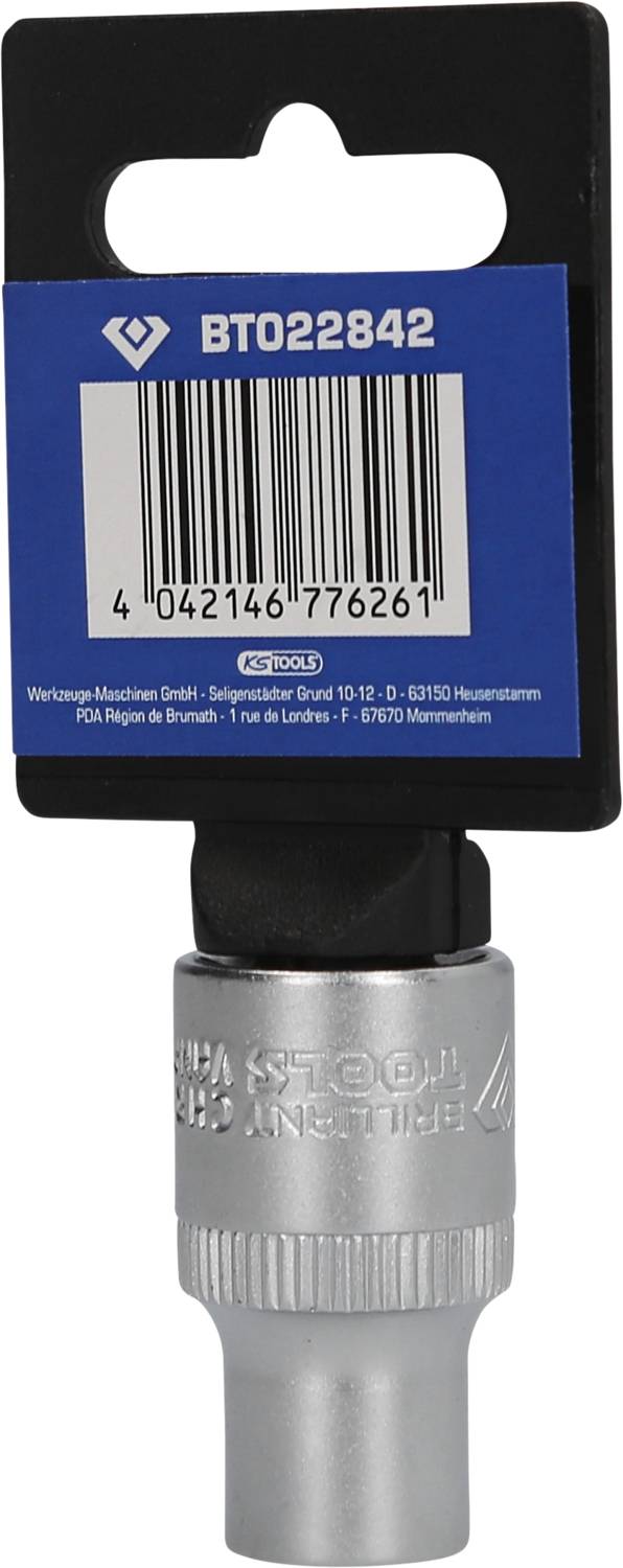 'Srebrny orzech wtykowy z czarnym uchwytem, kod produktu BT022842 i kod kreskowy na górze opakowania.'