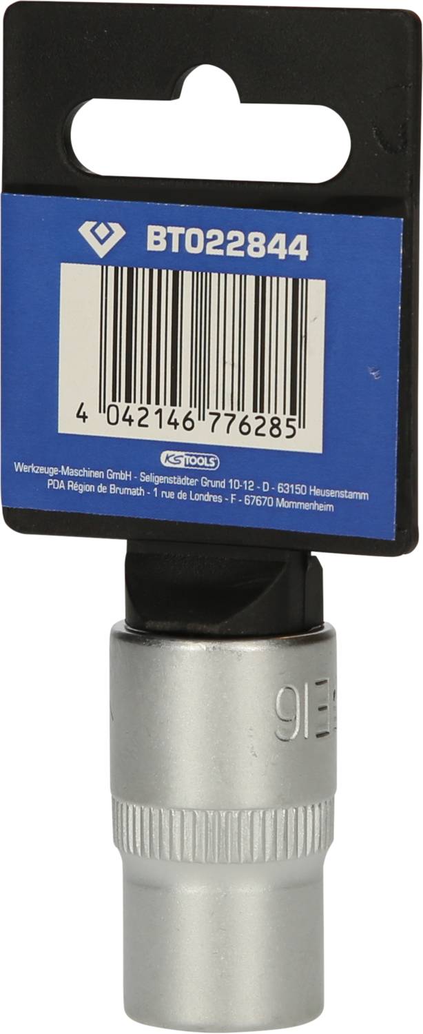 Metalowy adapter z żebrowanym uchwytem i czarną plastikową nakładką, umieszczony na niebieskim kartonie z kodem kreskowym i numerem 'BT022844'.