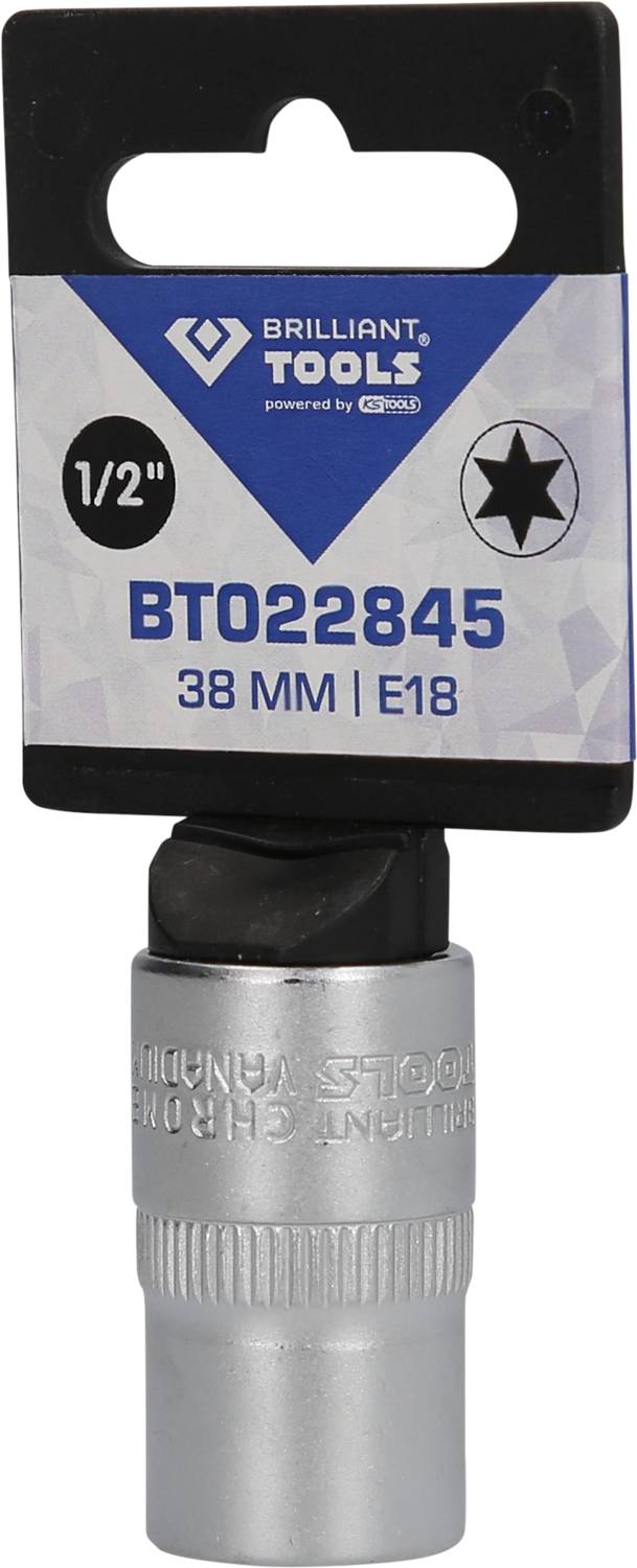 Klucz nasadowy o rozmiarze 38 mm z końcówką E18, marki 'Brilliant Tools', idealny do precyzyjnych prac montażowych.