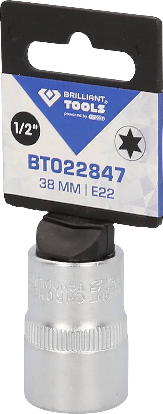 Nasadka E-Torx firmy 'Brilliant Tools', 1/2 cala, długość 38 mm, rozmiar E22. Prezentowana w opakowaniu z logo marki.
