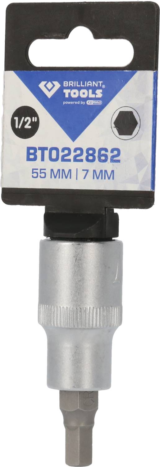 Klucz nasadowy 'Brilliant Tools' 55 mm, 1/2 cala, 7 mm. Opakowanie produktu prezentuje narzędzie z czarną i niebieską etykietą.
