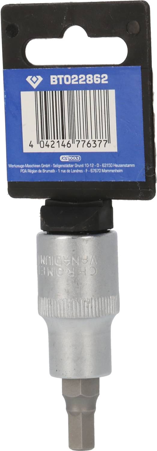 Srebrny sześciokątny bit z czarnym uchwytem i etykietą kodów kreskowych na górze. Numer artykułu BT022862.