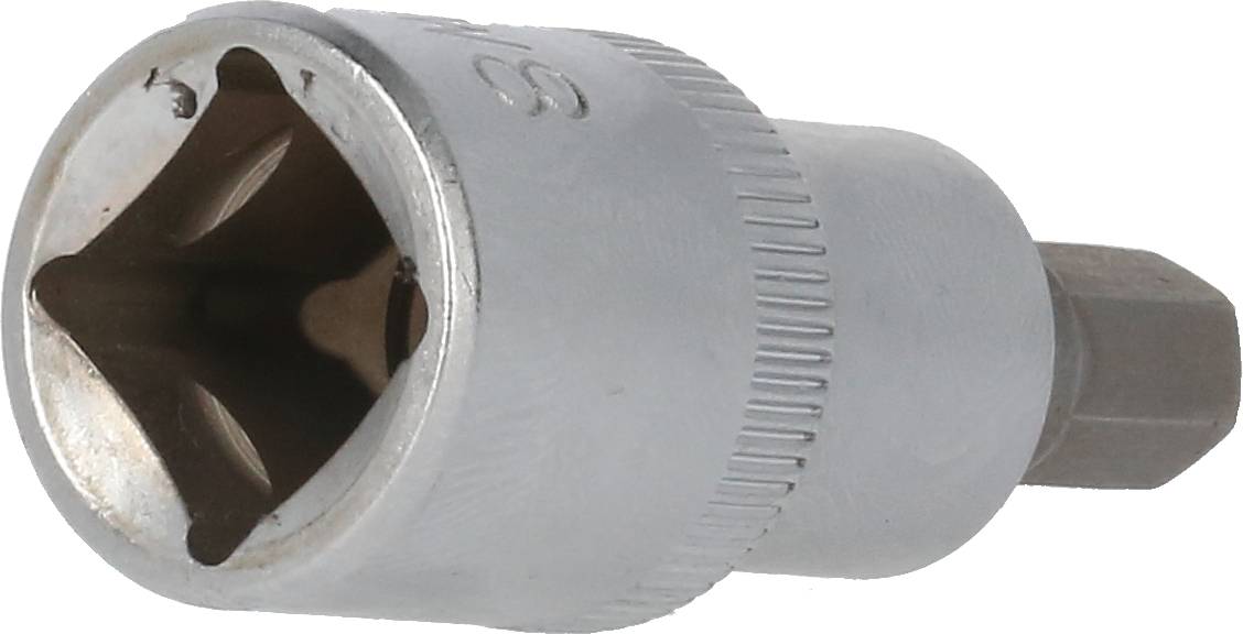 Srebrne narzędzie do bitów z sześciokątnym chwytem i kwadratowym wnętrzem, stosowane do połączeń śrubowych.