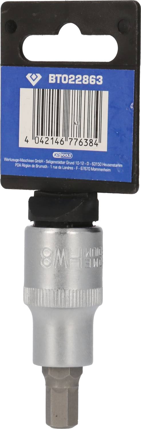 Sześciokątny bit o rozmiarze 8 mm w srebrnym uchwycie. Opakowanie zawiera numer produktu BT0228863. Odpowiedni do narzędzi.