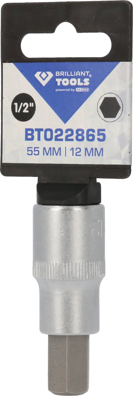 Zdjęcie przedstawia produkt marki Brilliant Tools: klucz nasadowy o rozmiarze 55 mm z chwytem 1/2 cala i sześciokątną końcówką 12 mm.