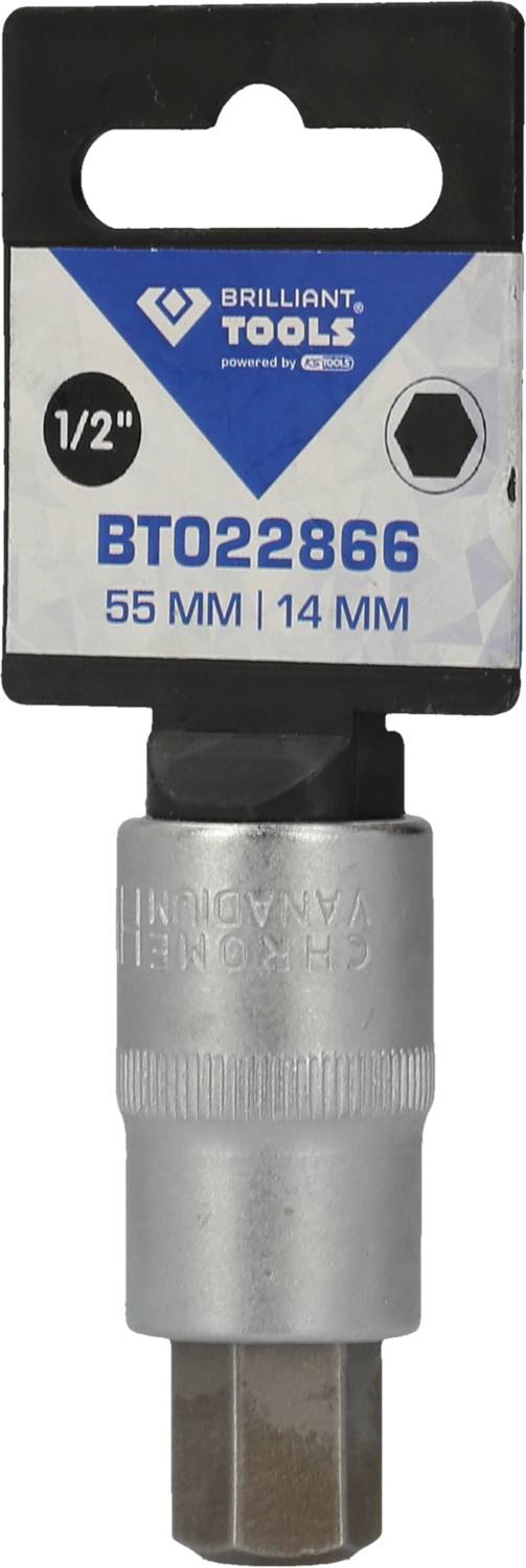 Nasadka 'Brilliant Tools' z profilem sześciokątnym, numer modelu BT022866, rozmiar 55 mm, napęd 14 mm, w kolorze srebrnym.