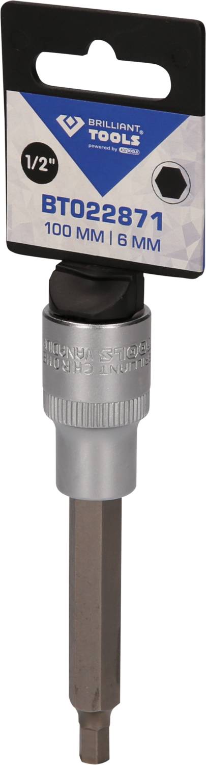 Nasadka sześciokątna 'Brilliant Tools' z napędem 1/2 cala, o długości 100 mm i profilu sześciokątnym 6 mm, idealna do prac śrubowych.