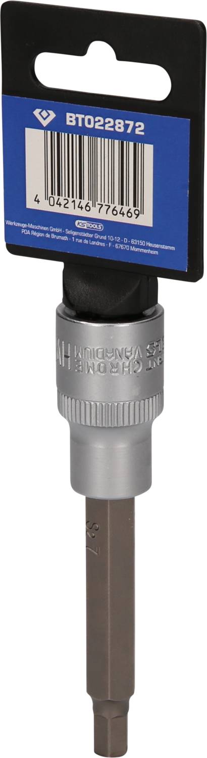 Srebrny adapter klucza z niebieską etykietą i czarną nakładką, ustawiony pionowo; widoczne opakowanie handlowe.