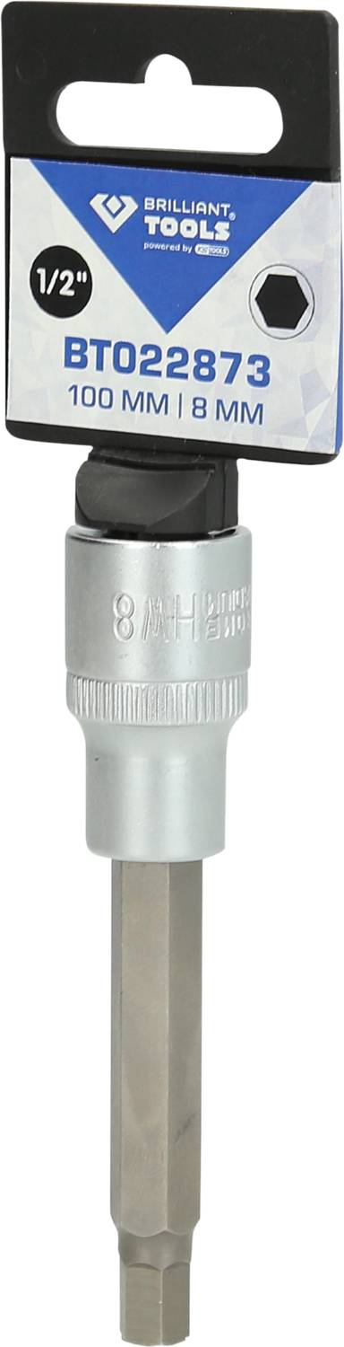 Bit nasadowy Brilliant Tools, model BT022873, rozmiar sześciokąta 8 mm, długość 100 mm, z napędem 1/2 cala. W zestawie z opakowaniem.