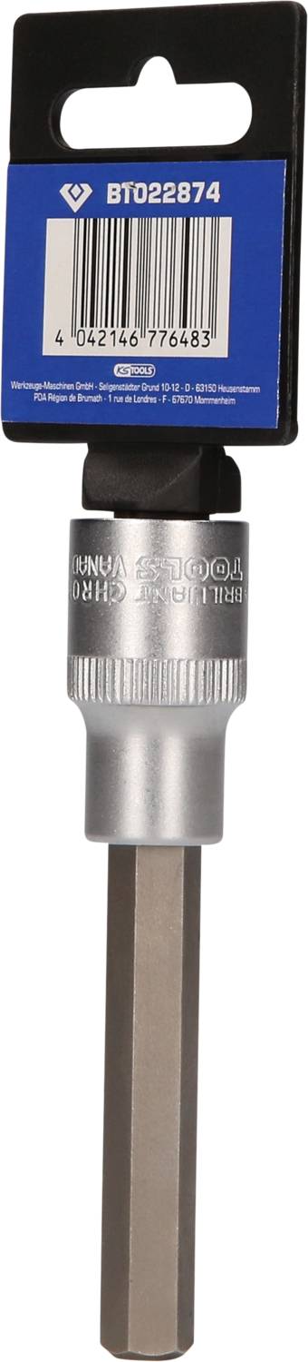 Klucz nasadowy, uchwyt sześciokątny, srebrna oprawa metalowa w niebieskim opakowaniu z kodem produktu 'BT022874', kod kreskowy poniżej.