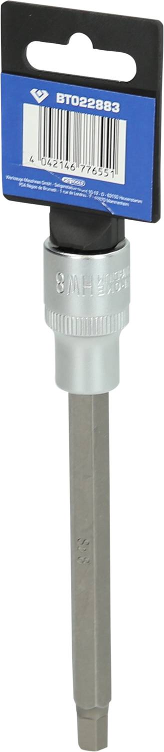 Metalowy wiertarz z długim trzpieniem i uchwytem sześciokątnym jest przedstawiony w niebieskim opakowaniu z napisem 'BT022883'.