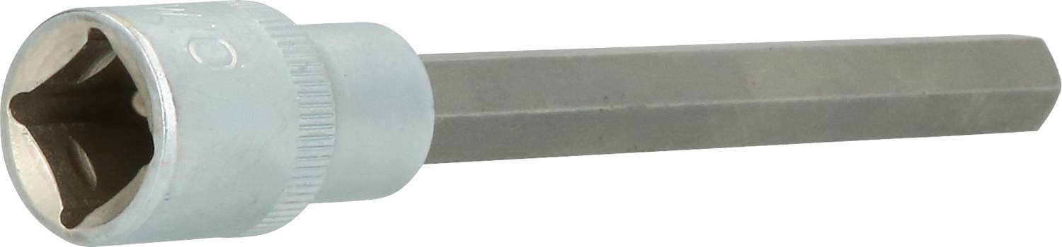 Bit krzyżowy, sześciokątny, metalowy, widok z boku. Używany do wkręcania lub wykręcania śrub z rowkiem krzyżowym.