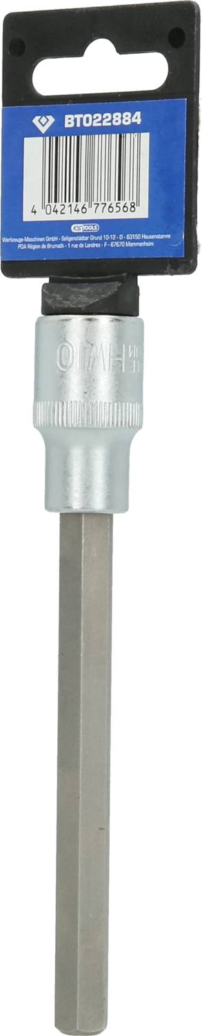 Końcówka wiertarska z sześciokątnym chwytem i srebrnym uchwytem, zamocowana na niebieskim opakowaniu z kodem kreskowym.