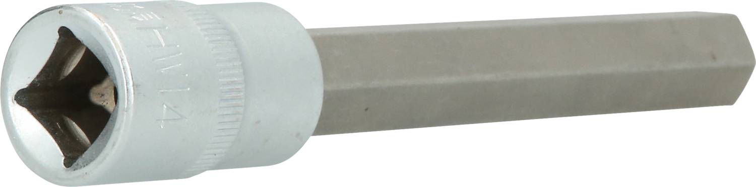 Srebrny adapter do klucza nasadowego z sześciokątnym uchwytem, ukazany w ujęciu skośnym. Na krawędzi adaptera widoczne są oznaczenia.