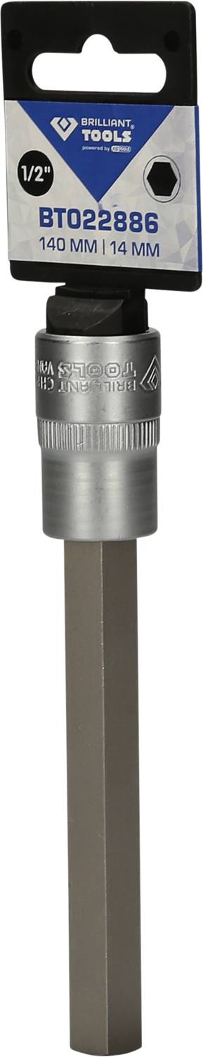 Nasadka sześciokątna z nadrukiem 'BT022886, 140 mm, 1/4' na opakowaniu Brilliant Tools.