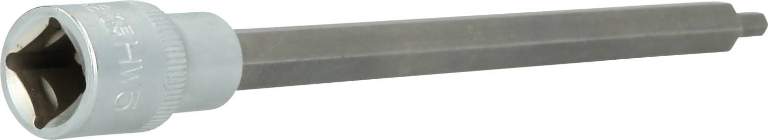 Długi, metalowy klucz nasadowy z sześciokątnym chwytem i jasnym uchwytem, przeznaczony do użycia ze śrubami.