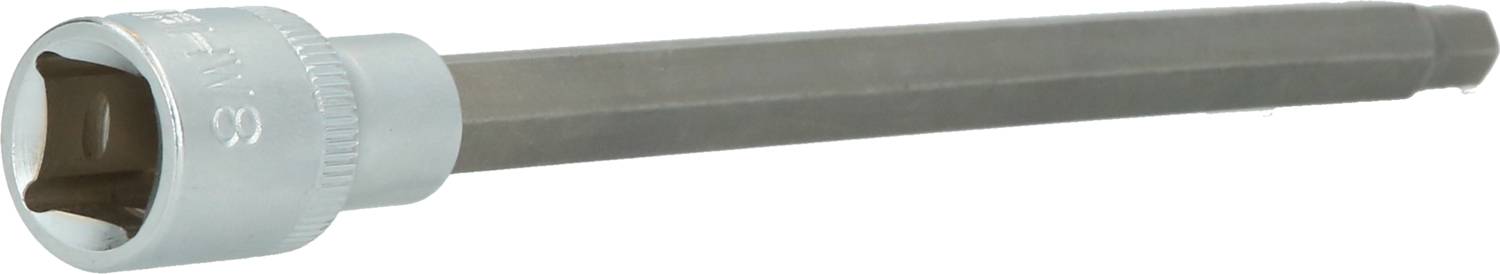 Klucz nasadowy o długim, sześciokątnym trzpieniu i srebrnej głowicy, często stosowany do odkręcania śrub w trudno dostępnych miejscach.