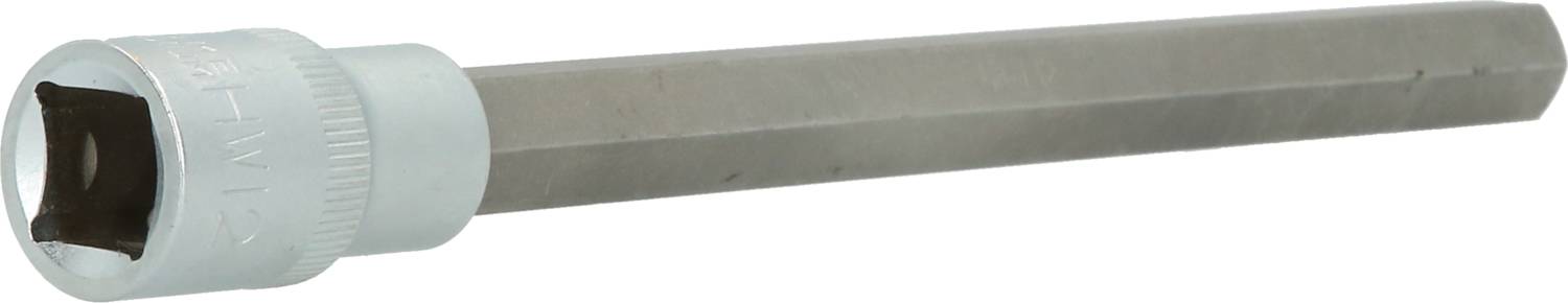 Klucz nasadowy sześciokątny, srebrnego koloru, z okrągłą nasadką i długim, prostym trzpieniem. Używany do dokręcania lub odkręcania śrub sześciokątnych.
