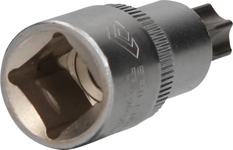 Klucz nasadowy metalowy z sześciokątnym otworem i żebrowanym uchwytem.